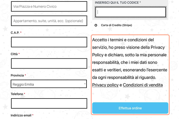 Click on Accetto i termini e condizioni del servizio, ho preso visione della Privacy Policy e dichiaro, sotto la mia personale responsabilità, che i miei dati sono esatti e veritieri, esonerando l’esercente da ogni responsabilità al riguardo. Privacy policy e Condizioni di vendit…